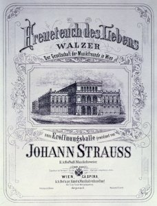 Plakat med reklame for Freueteuch des Lebens, en vals af Johann Strauss den yngre, der skulle præsenteres ved et åbningsbal, 1870